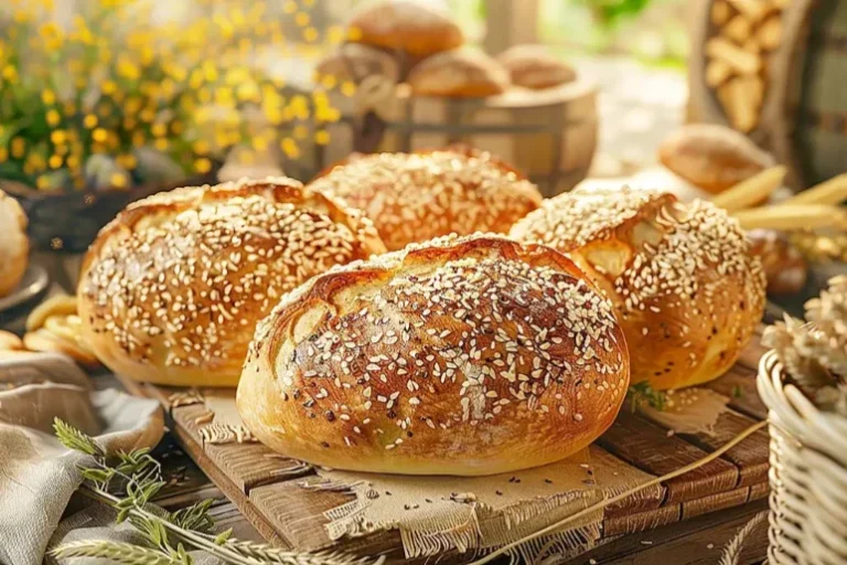 Foto artística de alto nível e muito bom gosto mostra pães salpicados de gergelim branco, entre outros elementos que valorizam e dão clima ao ambiente