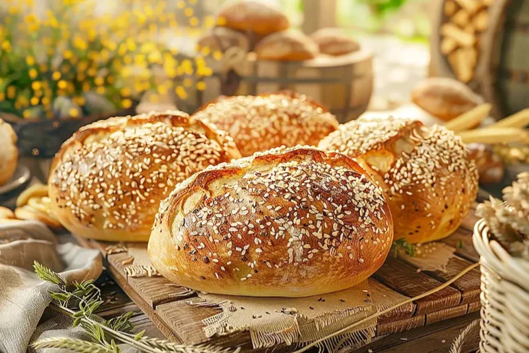 Foto artística de alto nível e muito bom gosto mostra pães salpicados de gergelim branco, entre outros elementos que valorizam e dão clima ao ambiente