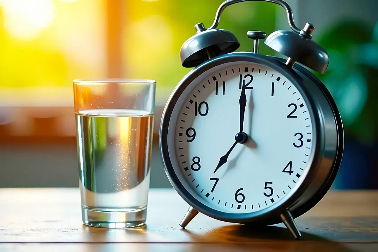 Copo com água ao lado de relógio, lembra o tema do artigo - Jejum para exame de sangue: pode beber água?
