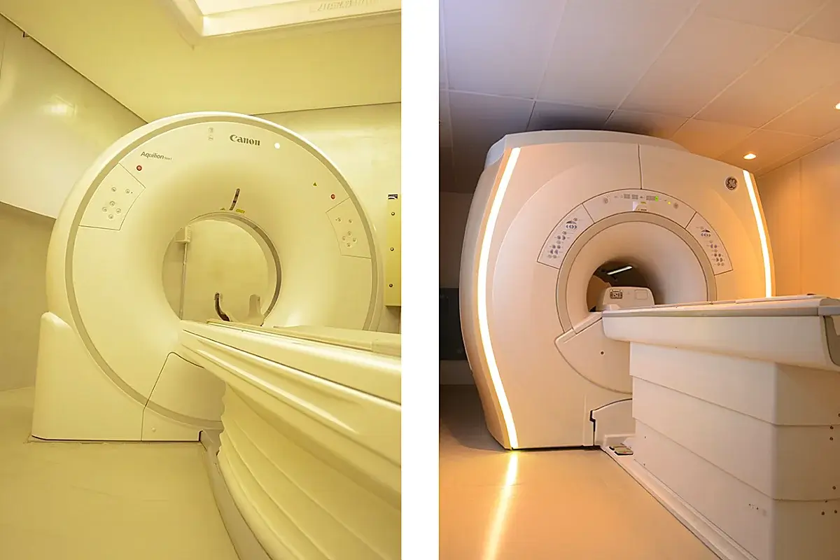 Aparelhos de tomografia computadorizada e de ressonância magnética lado a lado. Ambos da Transduson e em imagens reais