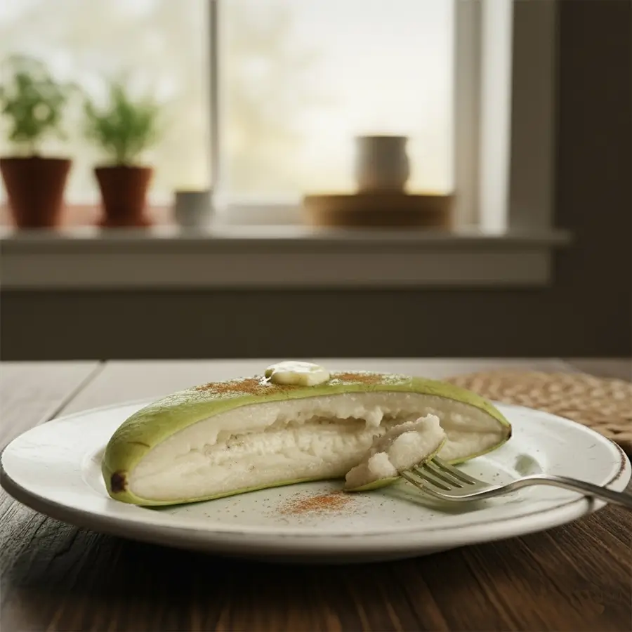 Banana verde assada (ou cozida) já preparada e pronta para o consumo, em um prato e em ambiente de cozinha.