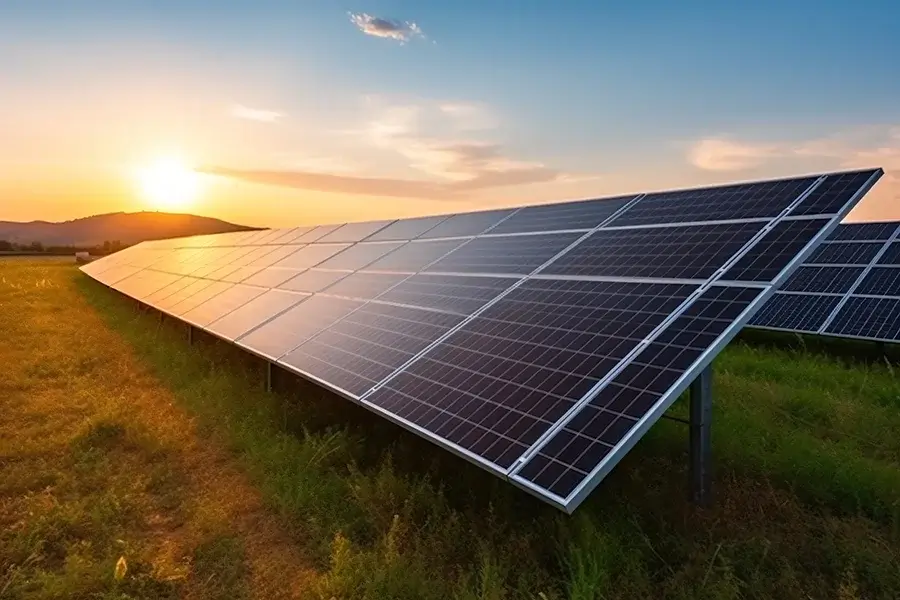 Placas solares refletem raios de sol que surgem pela manhã, transmitindo ideia de início de um novo tempo