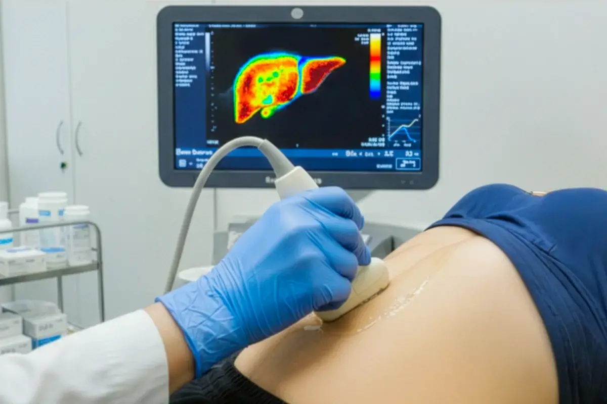 Médico com transdutor realizando exame de gordura no fígado, enquanto o monitor exibe imagem colorida com níveis de rigidez hepática relacionados à esteatose