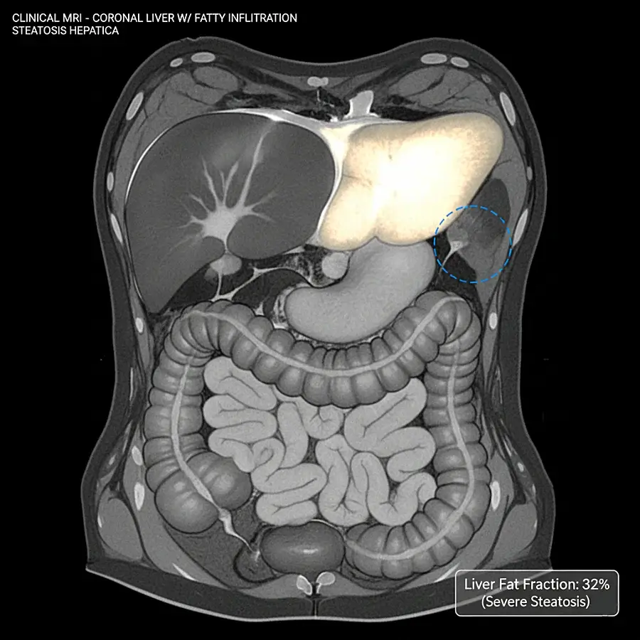 Imagem de ressonância magnética de fígado com esteatose hepática