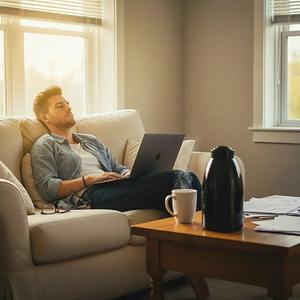Ao sentir muito sono após o almoço, rapaz não resiste e dorme sentado no sofá da sala, com o notebook no colo.