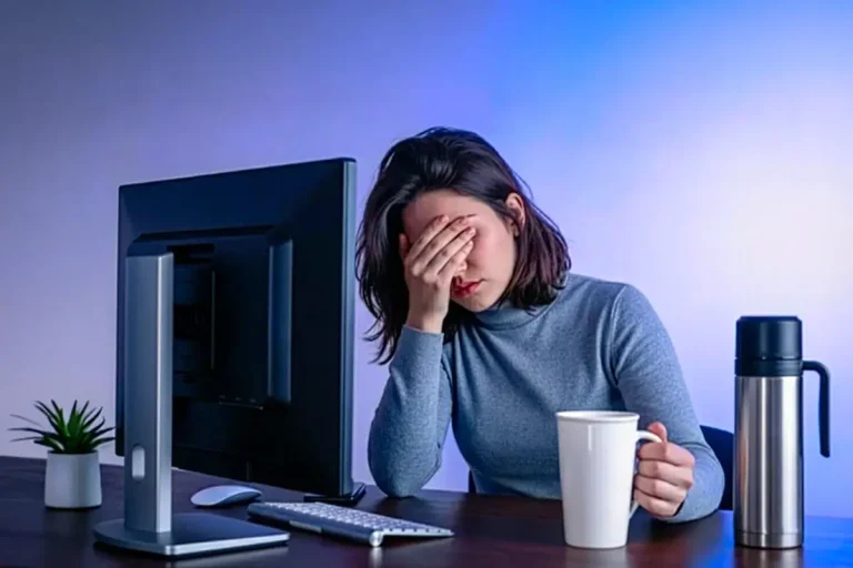 Moça em frente do computador esfrega os olhos com os dedos e uma expressão de quem luta contra o sono. Sia mão esquerda segura uma caneca ao lado de uma garrafa térmica, indicando que é café, para se manter acordada.