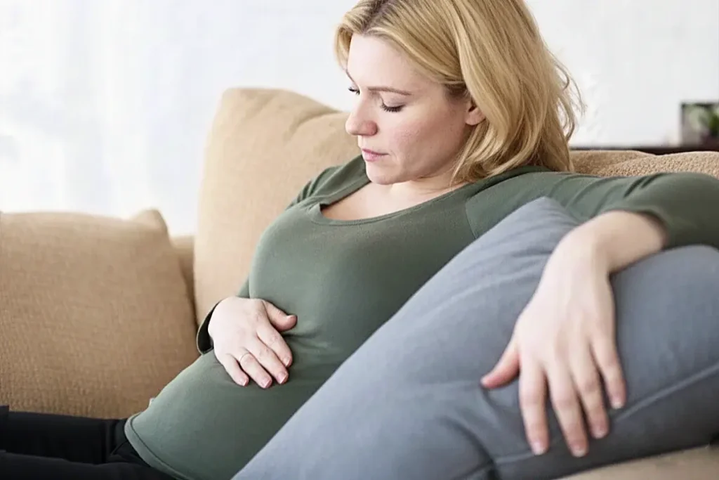 Mulher sentada no sofá com a mão sobre a barriga inchada e dura, indicando dor abdominal