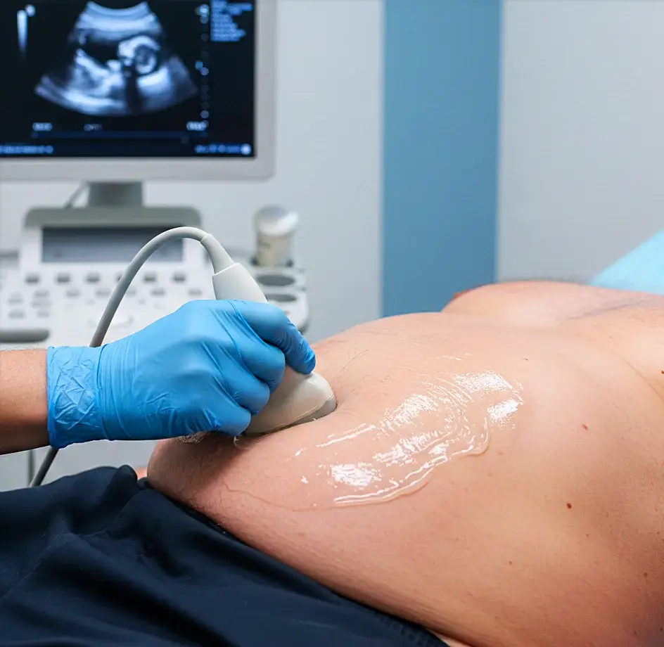 Exame de ultrassom abdominal em barriga inchada e dura, com o transdutor em primeiro plano e o monitor ao fundo
