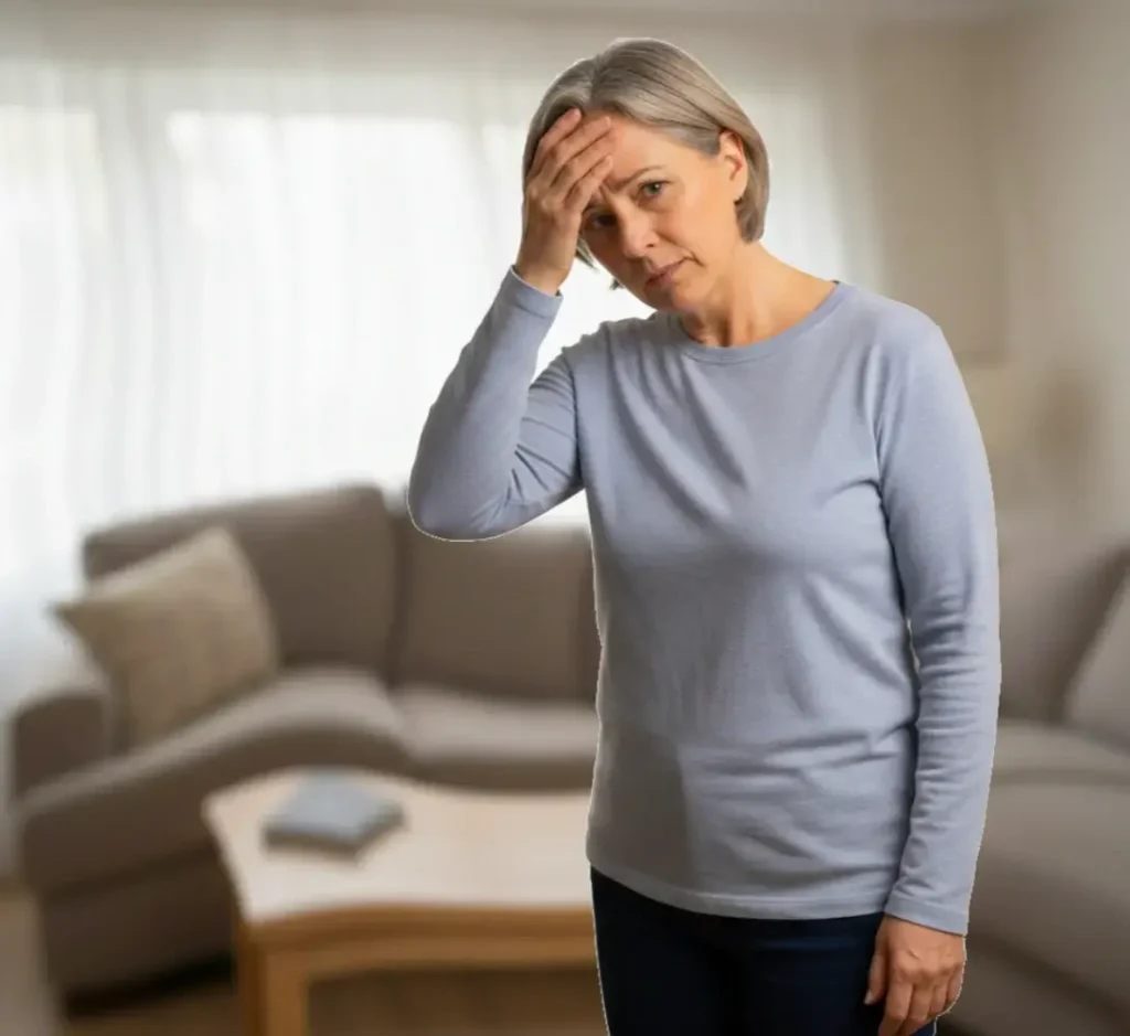 Mulher com a mão na testa e expressão de desconforto apresenta sinais de tontura ao levantar em uma sala de estar,. Os móveis ao redor estão levemente disformes, sugerindo confusão visual