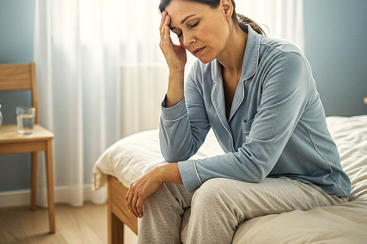 Mulher adulta sentada na beira da cama ao acordar, em quarto iluminado pela manhã, apresentando sinais de tontura ao levantar.