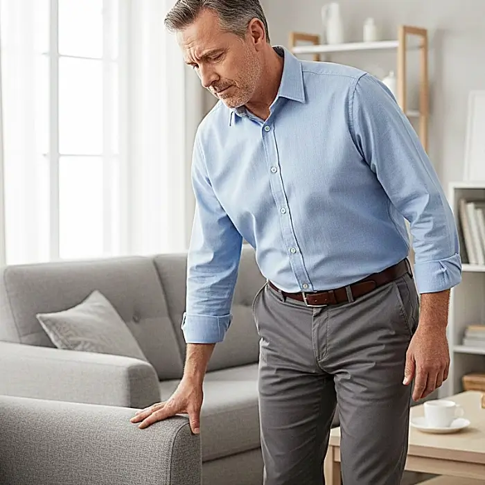 Homem de cerca de 50 anos se apoia no braço de uma poltrona demonstrando tontura ao levantar na sala de estar. em casa.