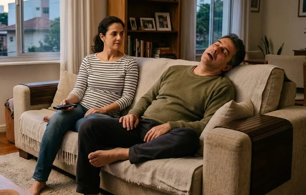Homem adulto adormecido no sofá no final da tarde exibe sinais de muito cansaço e sono constante, enquanto mulher sentada ao lado observa discretamente em sala de estar iluminada por luz natural suave.