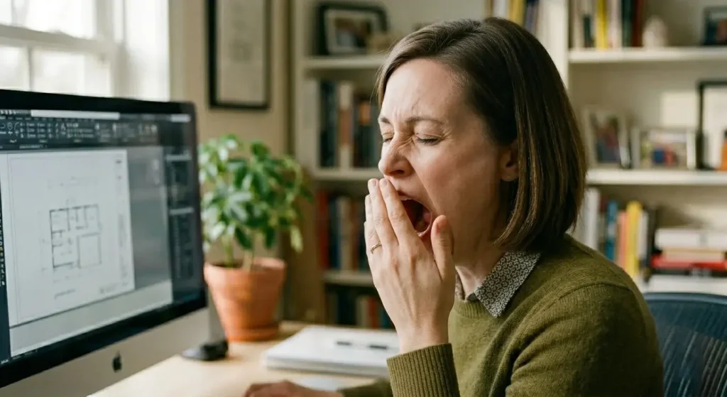 Mulher adulta trabalhando no computador à tarde, apoiando a cabeça na mão e demonstrando leve sonolência em ambiente profissional iluminado por luz natural.