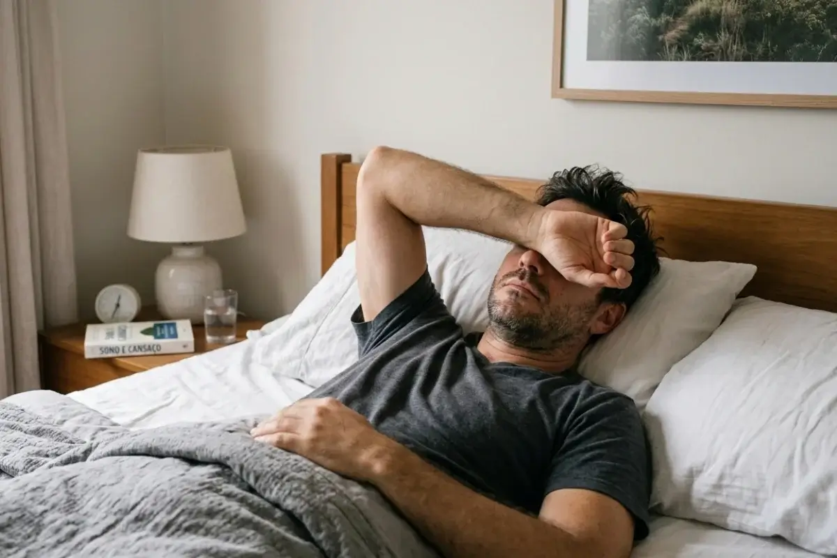 Homem jovem deitado na cama ao amanhecer, cobrindo os olhos contra a luz natural e demonstrando cansaço e sono persistente e dificuldade para despertar