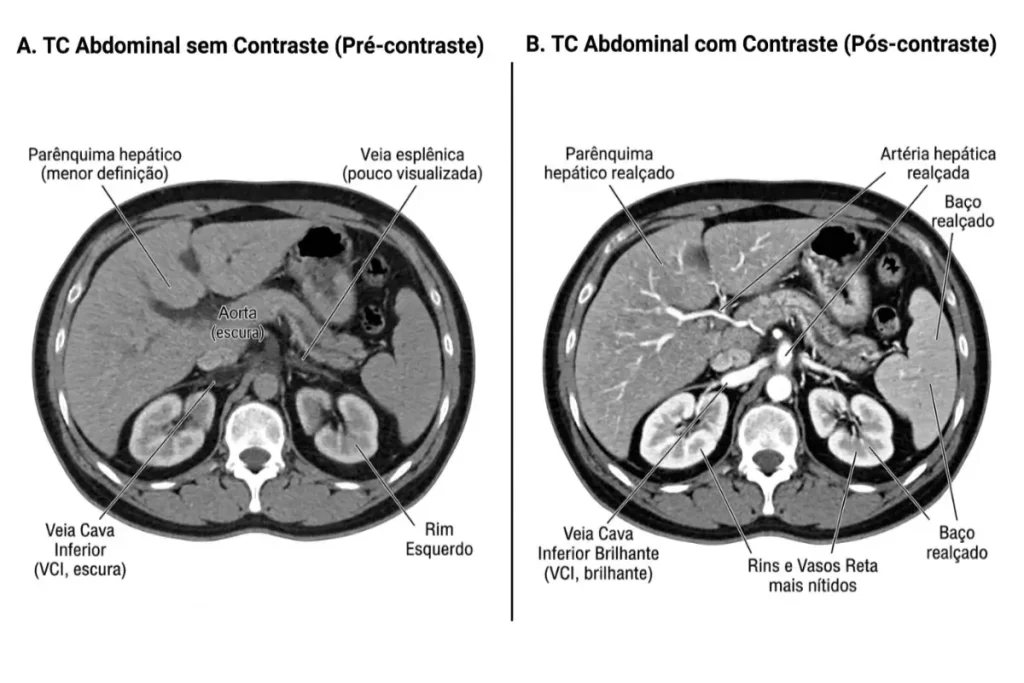 Comparação entre tomografia abdominal sem contraste e com contraste, mostrando melhor definição de vasos sanguíneos, fígado e rins na imagem com contraste
