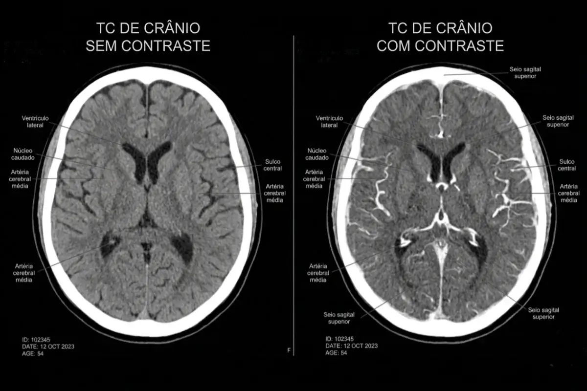 Tomografia computadorizada do cérebro com e sem contraste lado a lado, mostrando maior definição de vasos sanguíneos e tecidos na imagem com contraste