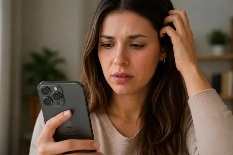 Moça olhando o resultado de exame inconclusivo no celular com expressão de dúvida sobre o que fazer