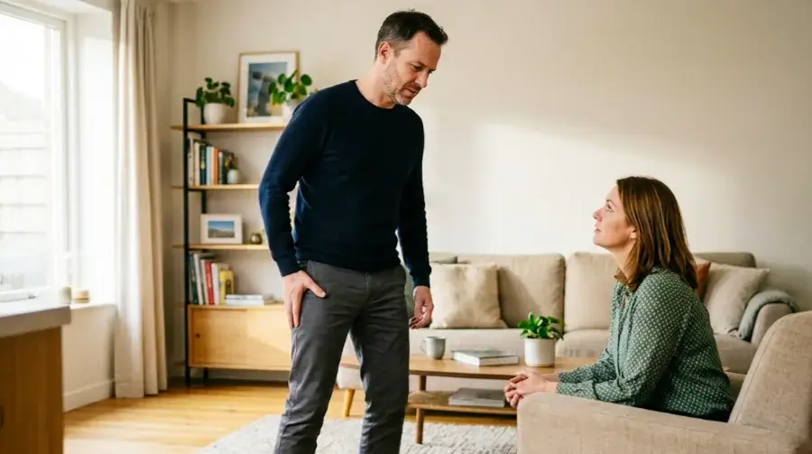 Homem de cerca de 45 anos em pé na sala de estar, com mão na coxa e leve desconforto, enquanto mulher sentada observa, sugerindo fraqueza nas pernas.