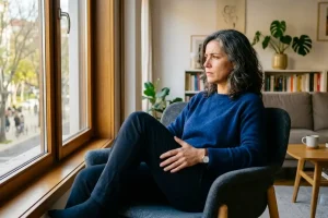 Mulher de cerca de 45 anos sentada na sala de estar, olhando pela janela com expressão pensativa e leve desconforto, com a mão apoiada na coxa, sugerindo fraqueza nas pernas
