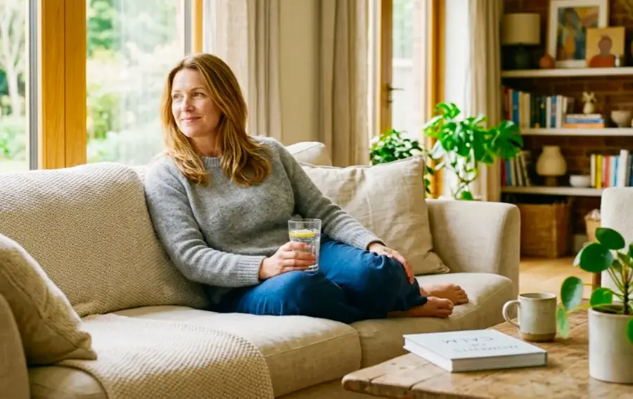 Mulher de cerca de 45 anos relaxando no sofá com copo de água ao lado, em ambiente acolhedor, sugerindo alívio da fraqueza nas pernas com hidratação e repouso