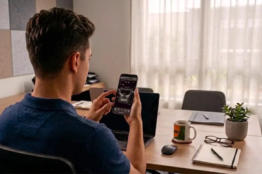 Rapaz visualiza em seu celular a imagem de um exame enviada digitalmente pelo laboratório