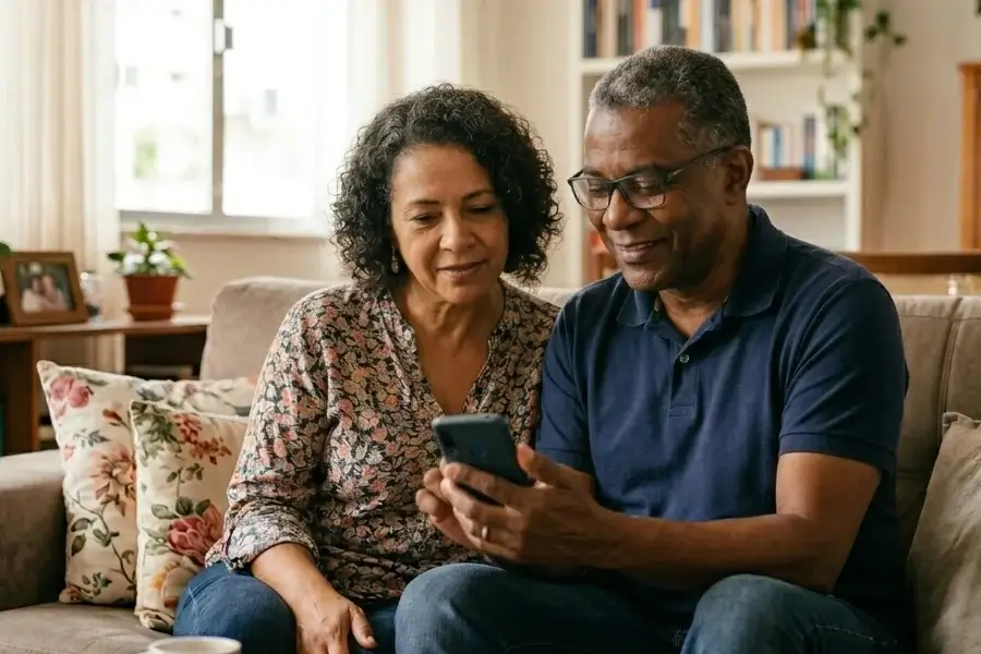 Casal sentado no sofá de casa consulta informações de saúde em um celular
