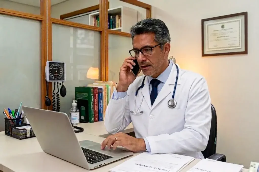 Médico no consultório consultando exames em seu computador e, ao mesmo tempo, falando no celular, como se estivesse comentando o resultado com o paciente