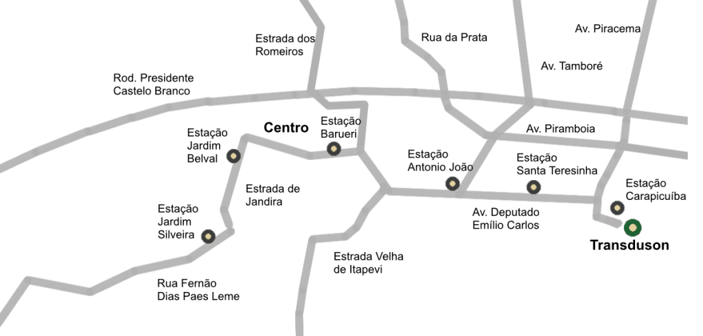 Mapa simplificado das principais vias e estações entre Barueri e a unidade da Transduson em Carapicuíba, onde são realizados exames de ressonância magnética.