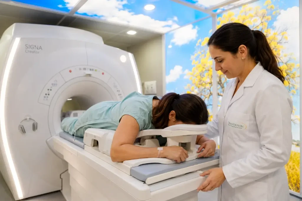 Paciente deitada de bruços para realizar ressonância magnética das mamas, acompanhada por profissional da Transduson.